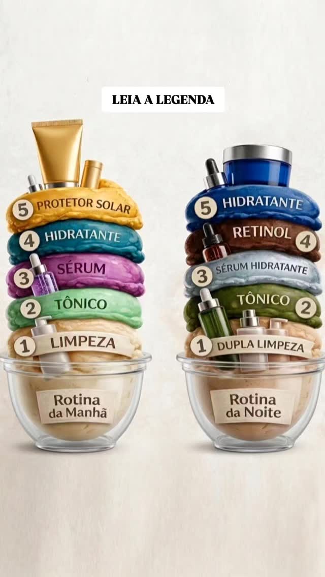 Passar só creme no rosto e achar que tá fazendo skincare? 👀
A ordem importa;
O layering importa.
E pular etapas tem consequências na pele — sim, mesmo que você use o produto mais caro do mercado. 🥲
Olha essa imagem com atenção:
☀️ Manhã: limpeza → tônico → sérum → hidratante → protetor solar
🌙 Noite: dupla limpeza → tônico → sérum hidratante → retinol → hidratante
Cada camada tem uma função. Cada produto prepara a pele pra receber o próximo.
Sem a base certa, o ativo não penetra. Sem o ativo, o hidratante só senta na superfície. Sem o protetor solar de manhã… todo o resto foi em vão...
💬 Me conta aqui: você segue alguma rotina?
Tá na manhã, na noite, ou ainda no "só passo creme antes de dormir"? 🤔