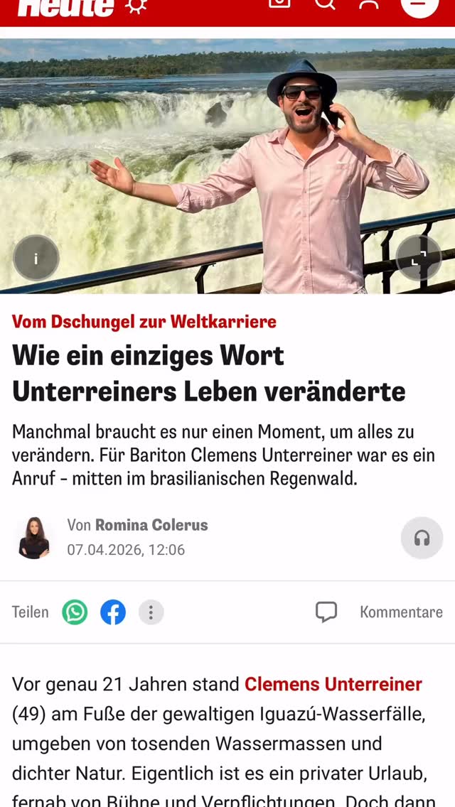 Wie ALLES begann - ein Telefonat mein ganzes Leben veränderte ☎️ und nur ein einziges Wort meine Karriere startete 🎶
Brasilien, vor genau 21 Jahren: Mitten an den tosenden Iguazú-Wasserfällen, klingelt mein altes Klapphandy - am anderen Ende die Wiener Staatsoper.
Mini Rolle im neuen „Werther“ - ich zögere keine Sekunde - die wohl kleinste Rolle der Operngeschichte: Brühlmann - mit nur einem einzigen Wort: „Klopstock!“
An jenem legendären Abend, an dem auch Elīna Garanča ihren internationalen Durchbruch feierte, füllte ich die Staatsoper mit diesem einen Wort voller Inbrunst und Leidenschaft. Heute, 21 Jahre später: Der Kreis schließt sich. Ich stehe wieder mitten im brasilianischen Regenwald doch vieles hat sich verändert: ich bin nun Österreichischer Kammersänger, Intendant der Oper BURG GARS, Botschafter des Blindenverbandes und darf mit meinen HILFSTÖNEN Menschen in Not helfen. Ich bin wirklich sehr dankbar und beim Blick auf die gewaltigen Wassermassen werde ich sentimental: Wenn die Wasser der Iguazú-Fälle kein Glück bedeuten – was dann? DANKE - Let’s OPERA ❗️ @Clemens Unterreiner @wienerstaatsoper @elina.garanca @operburggars_official @hilfstoene @bsvoe_austria @heute.at #ClemensUnterreiner #wienerstaatsoper #operburggars #hilfstöne #news 📸©️CU | Wiener Staatsoper | Heute | A. Tischler | Oper BURG GARS | L. Lammerhuber | HILFSTÖNE |