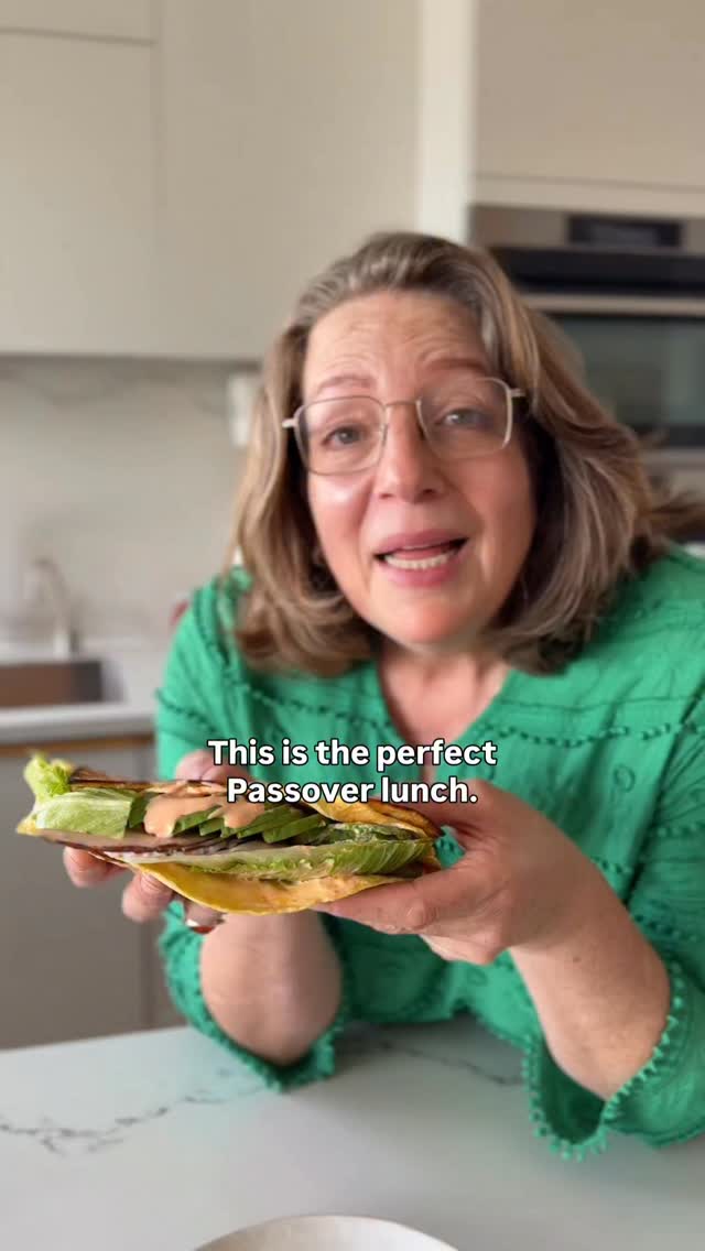 EGG & MATZA TURKEY-AVO SANDWICH
Riffing off my viral breakfast sandwich from three years ago, but make it lunch! The bendy matza (after all, it’s only day four!), the tender egg layer, and now—turkey, lettuce, avocado, and spicy mayo. Passover perfection! Of course, use other fillings of your choice. Once you master the basics, endless combinations await.
Makes 1 wrap
1 matza board
2 tablespoons mayo
2 teaspoons hot sauce of your choice
2 eggs
Pinch of kosher salt, plus more for seasoning
2 tablespoons olive oil
Thinly sliced smoked turkey cold cut
1/2 avocado, sliced
Small romaine heart, for serving
Freshly ground black pepper, for seasoning
Rinse the matza under cold water until dampened but not bendy, 20-30 seconds. Gently fold into a clean kitchen towel so the matza is fully covered. Let sit until flexible, 10 to 15 minutes.
In a small bowl, whisk the mayo and hot sauce until incorporated. Chill until ready to use (multiply the spicy mayo if desired)
Towards the end of matza softening time, whisk the eggs and salt in a medium bowl. Heat 1 tablespoon olive oil in a medium nonstick skillet over medium-low heat. Add the eggs and cook until the underside is set but the top is still wet, 1 1/2 to 2 minutes. Unwrap the matza and carefully arrange on top of the egg; cook until the matza adheres to the egg, 30 more seconds. Use the widest spatula you have to gently flip and cook until the matza is lightly golden and crisp, 1 to 2 minutes. Slide onto a cutting board with the egg side facing up and season with salt and pepper. Arrange some lettuce on one half of the matza, then top with turkey and avocado. Season with salt and drizzle with spicy mayo. Fold over into a sandwich and serve with more sriracha mayo.