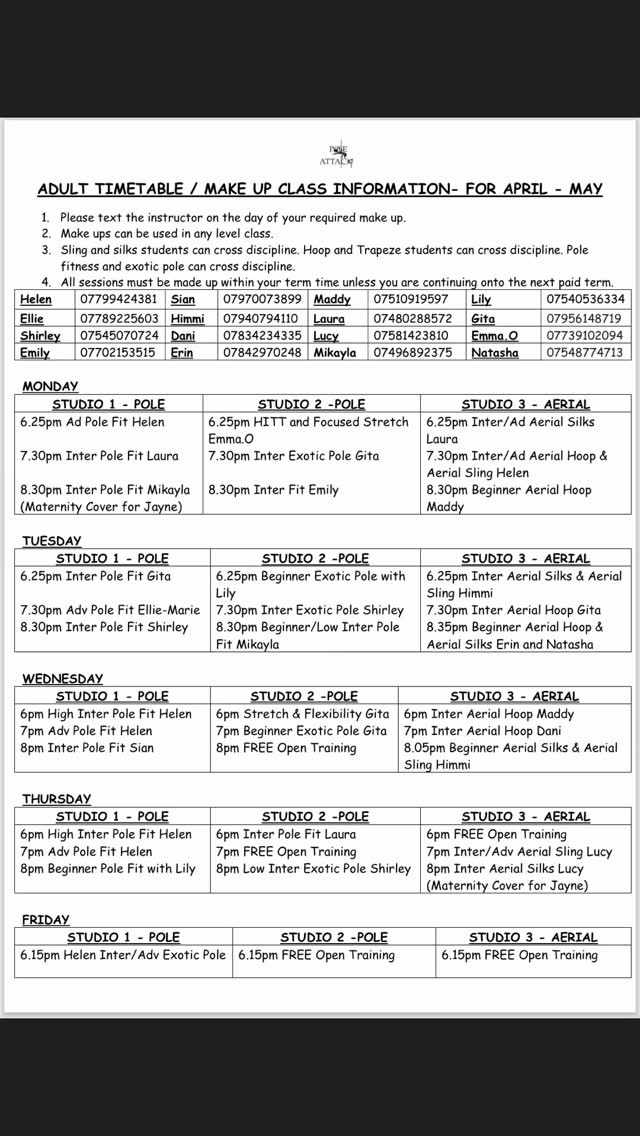 April Weekly Timetable. Check out website out for weekend workshops