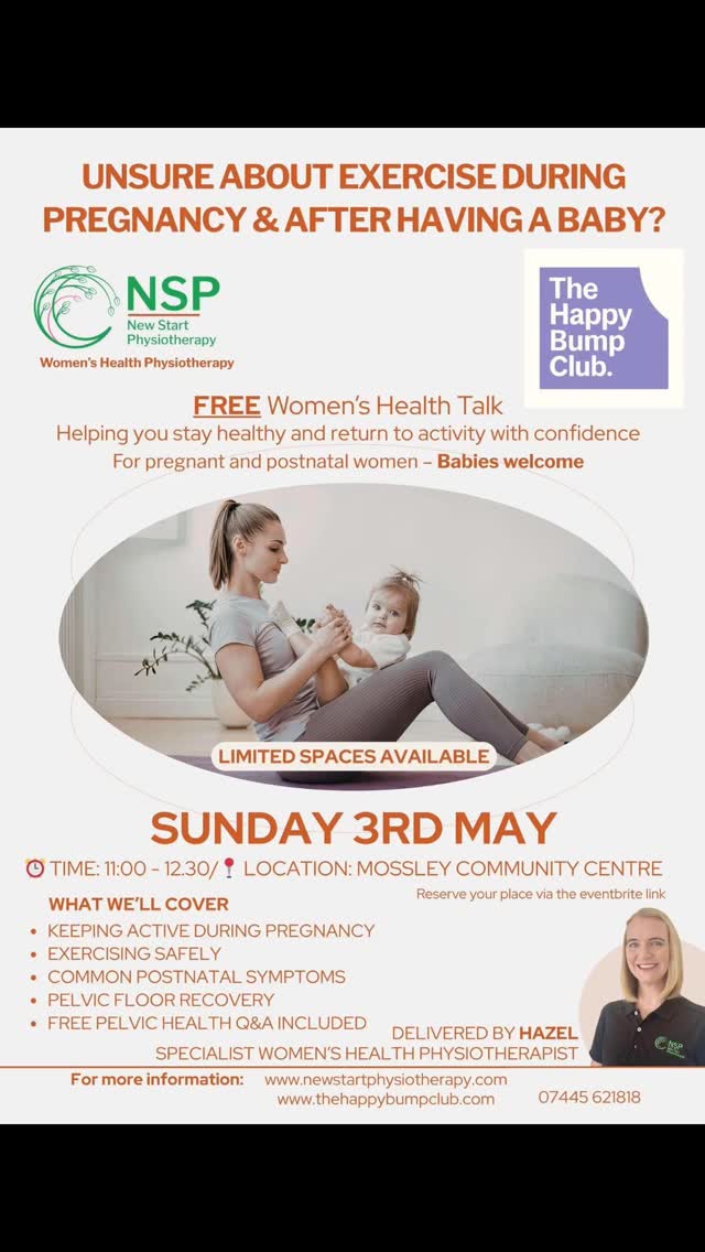 🌟 Sunday 3rd May 🌟
🕙 11am - 12.30pm
🏠 Mossley Community Centre, OL5 0SG
We are super excited to have Hazel from @new_start_womens_health join us for our next session!
Hazel is a specialist women's health physiotherapist with extensive NHS and private experience. She will discuss safe exercise during pregnancy, postnatal recovery, pelvic floor health and returning to exercise after birth.
As always, its FREE to join us! Please feel free to share with friends/groups who might be interested in joining us.
We will have brews a plenty, biscuits, book club, baby clothes donations and plenty of time to chat!
You can book your FREE place through our website or Eventbrite
www.thehappybumpclub.com
https://www.eventbrite.co.uk/e/the-happy-bump-club-54-tickets-1987386796407?aff=oddtdtcreator
I look forward to seeing you there!
Emma x