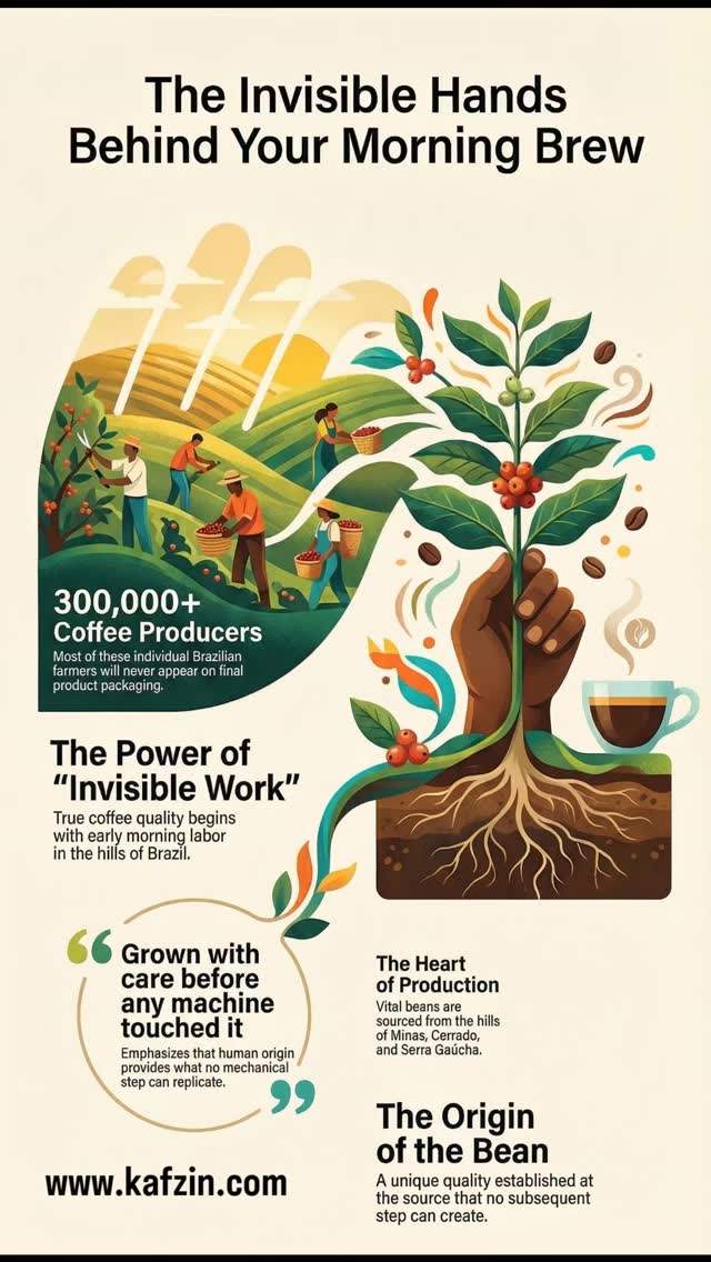 There's something the origin of the bean carries that no other step can create.
Brazil has over 300,000 coffee producers. Most will never appear on any packaging. But every bean that arrives here — in our hands, through our grinder, into your cup — was chosen because of someone's invisible work. Someone who woke up early in the hills of Minas, the Cerrado, the Serra Gaúcha.
Sunday is the right day to remember that. Not just to drink the coffee — but to feel that it came from somewhere real, grown with care, long before any machine ever touched it.