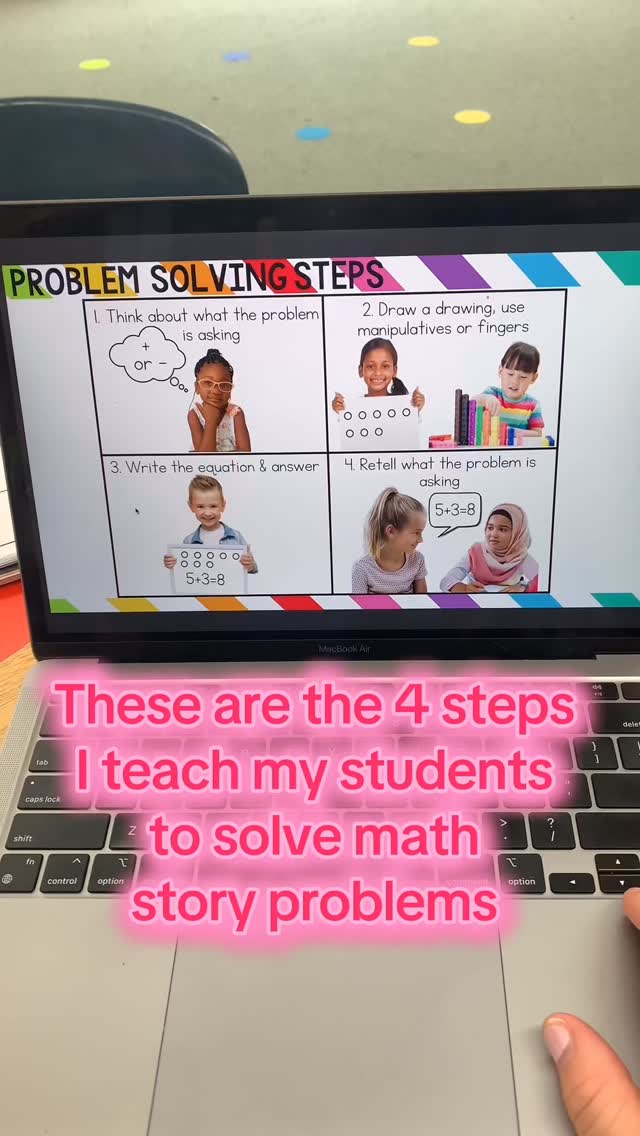 In my kindergarten classroom as a kindergarten teacher these are the four steps that I used to teach my students how to solve math problems.
1. We think about what function we need to use to solve the problem based on keywords in the math story problem.
2. Then we draw simple circles or use math manipulatives to solve the problem and show our work
3. We write the equation with the answer
4. We retail what the problem is asking including the answer and labels.
These are the steps in visuals that I used to teach my student students on how to solve math problems. I have a full PowerPoint of different simple in addition and subtraction problems for your students to solve. I find that the visuals help all students to be successful
Comment “math problems” to be sent the 🔗
#kindergartenteachers #mathforkids #kindergartenactivities