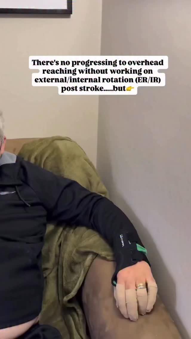 External and internal rotation are often overlooked in neuro rehab of the upper extremity post stroke. Incorporating these into your treatment plan early and as tolerated (pain free is critical) can lead to less pain and better motor recovery of the UE during long term recovery. #strokerehab #strokerehabilitation #armrecovery #neurorehablitation #neurorehab