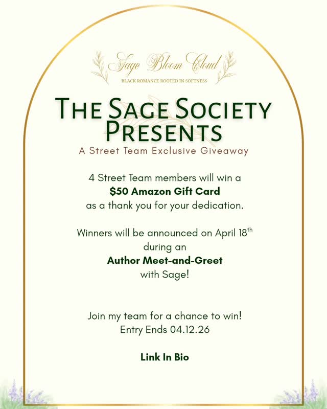 In an attempt to get more dedicated members and to appreciate my current members, I will be doing a giveaway!
I wanted to come on here and talk about my street team, The Sage Society, and the exclusive giveaway we have going on right now.
First, I need to shout out my current members. I have a dedicated group of women who have been supporting me, and I am so thankful. I never imagined that I could find people to support me the way that they have! They are the reason this giveaway is happening.
I would like to grow my team and make more genuine connections with people who want to support me on my author journey. If you think that is you, please check out my page, see if you vibe with my aesthetic, and if so, click that link in my bio to join my street team.
#streetteam #blackauthors #saturation #blackindieauthor #sagebloomcloud
