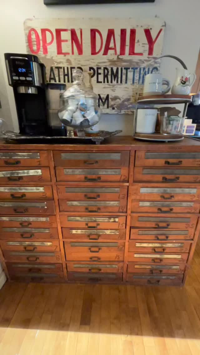 Want a one of a kind coffee station? We got ya! This was a recent find. In its prior life it held nails and tools. It is now a perfect spot for our morning joe. And the drawers are perfect kitchen necessities! ☕️☕️☕️ A modern take on a vintage find. #stylingkitchen #coffeebar #coffeestation #vintagefurniture #visitredwing