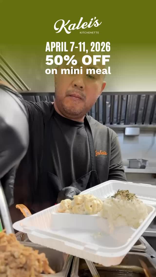 🌺 April 7–11, 2026: Mini Meal Deal is Back! 🌺
Make mealtime easy for the whole ʻohana! For five days only, enjoy 50% OFF a Mini Meal with the purchase of any regular plate. 🍽️ Perfect for busy nights, quick dinner plans, or anytime you need a simple, ono solution.
📍 Kalei’s Kitchenette – Rancho Peñasquitos, San Diego
📲 Order online for easy pickup or stop by in-store—but don’t wait, this limited-time deal won’t last! 🤙