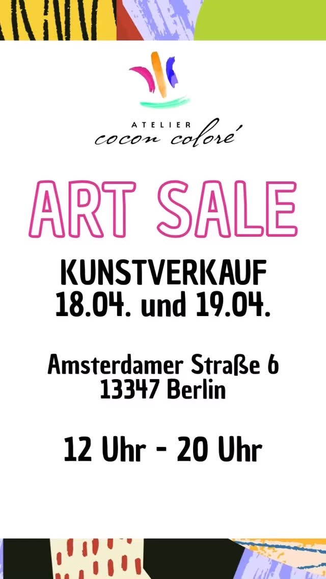🎨 ART SALE im Atelier cocon coloré 🎨
- English Version below-
Du liebst Kunst? Dann ist das hier genau dein Wochenende!
Beim Kunstverkauf im Atelier cocon coloré erwartet dich eine riesige Auswahl an einzigartigen Werken – direkt von den Künstler*innen selbst, die auch vor Ort sind.
✨ Das erwartet dich:
• ca. 20 Künstler*innen auf 130 qm
• Von kleinen Schätzen bis zu großen Statement-Pieces
• Kunst, die dein Zuhause wirklich besonders macht
• Poster, Drucke, Kleidung, Illustrationen & Werke
💬 Komm ins Gespräch, entdecke neue Lieblingsstücke und unterstütze Künstler*innen direkt.
Warum du kommen solltest?
Weil du hier echte Unikate zu fairen Preisen findest – und mit jedem Kauf Kunstschaffende unterstützt.
📍 Atelier cocon coloré
Amsterdamer Str. 6, 13347 Berlin (U Seestraße)
📅 18.04.2026 | 12–20 Uhr
📅 19.04.2026 | 12–18 Uhr
💸 Zahlung: Bar & PayPal möglich
Komm vorbei, entdecke, lass dich inspirieren – und nimm dein neues Lieblingsstück mit nach Hause.
Kunst live erleben statt nur online sehen!
Www.coconcolore.com
🎨 ART SALE at Atelier cocon coloré 🎨
Do you love art? Then this is your perfect weekend!
At the Art Sale at Atelier cocon coloré, you’ll discover a huge selection of unique pieces – directly from the artists, who will also be there in person.
✨ What to expect:
• Around 20 artists across 130 sqm
• From small treasures to bold statement pieces
• Art that truly makes your home special
• Posters, prints, clothing, illustrations & original canvas works
💬 Meet the artists, explore, and find your new favorite piece while directly supporting creatives.
Why you should come?
Because you’ll find real one-of-a-kind artworks at fair prices – and support artists with every purchase.
📍 Atelier cocon coloré
Amsterdamer Str. 6, 13347 Berlin (U Seestraße)
📅 April 18, 2026 | 12–8 PM
📅 April 19, 2026 | 12–6 PM
💸 Payment: Cash & PayPal accepted
Come by, explore, get inspired – and take your new favorite artwork home.
experience art live instead of just seeing it online!
👉 More info: www.coconcolore.com