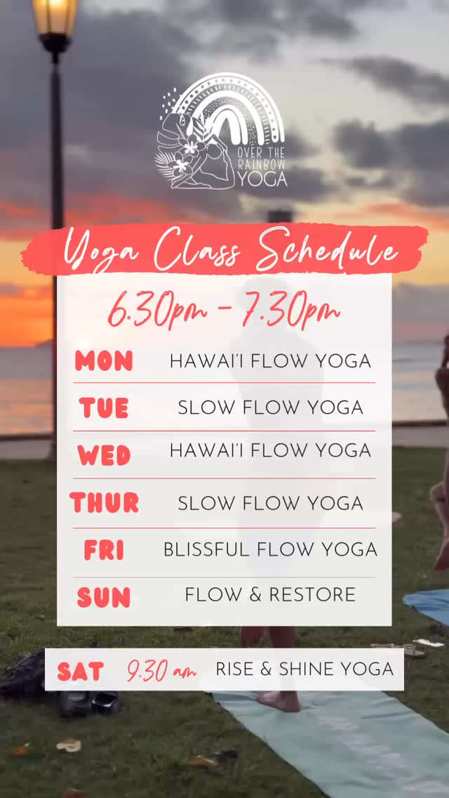 Hello summer schedule! 🌺☀️🌈
From April until August all of our SUNSET yoga classes are from 6.30pm - 7.30pm.
Our Saturday morning class remains at 9.30am
👇🏼 Come book a class 👇🏼
www.overtherainbowyoga.com