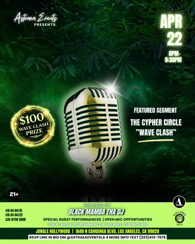 The wave is forming… are you in it 🌊
Sonic Alchemy returns with Chief Waves, where sound, energy, and presence collide.
This isn’t just an open mic.
This is a room where artists step up… and only one walks away with the prize.
🎤 Headliner @mrlockee5150
🎤 Featuring @ralphion1hunnid
🎤 The Cypher Circle: Wave Clash
Two waves enter.
One artist wins $100.
📍 Jungle Hollywood @junglehollywood
🗓 April 22
⏰ 6PM – 9:30PM
Hosted by @AstraeaEventsLA
Vibe Alchemist @00x.astraea
Sounds by Black Mamba Tha DJ
🎟 Free tickets available before midnight 4/10/2026
Limited space. Real energy. No extras.
Tap in early. Link in bio.
#SonicAlchemy #HollywoodEvents #HipHopLive #OpenMicLA #Astraea✨