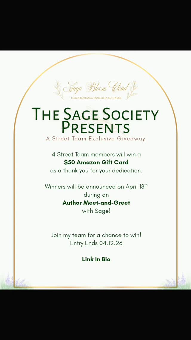 Good morning 🥰
Come pop that thang for a real one! 😏
In an attempt to get more dedicated members and to appreciate my current members, I will be doing a giveaway!
I wanted to come on here and talk about my street team, The Sage Society, and the exclusive giveaway we have going on right now.
First, I need to shout out my current members. I have a dedicated group of women who have been supporting me, and I am so thankful. I never imagined that I could find people to support me the way that they have! They are the reason this giveaway is happening.
I would like to grow my team and make more genuine connections with people who want to support me on my author journey. If you think that is you, please check out my page, see if you vibe with my aesthetic, and if so, click that link in my bio to join my street team.
#streetteam #blackauthors #saturation #blackindieauthor #sagebloomcloud