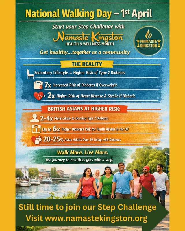 South Asians are higher risk of diabetes and heart related ailments.
Lets get healthier and happier together as a community.
Join health and wellness month.
Competitions, prizes, fun and conversations.
#getactive
#stepchallenge
#nationalwalkingday