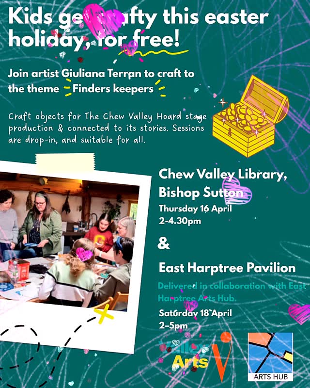 Really excited to be partnering with Valley Arts and the brilliant Giuliana Terran to host family Easter Crafting sessions this holiday season!
Saturday 18th April
2-5pm
East Harptree Pavillion
Craft objects for the Chew Valley Hoard stage production and get connected to its stories.
Sessions are drop-in and suitable for all
Learn more info about the Chew Valley Hoard here: @valleyartscv
Learn more about local artist Giuliana Terran here: @giulianaterranartist
#crafting #artworkshops #easterholiday #communityart #chewvalley