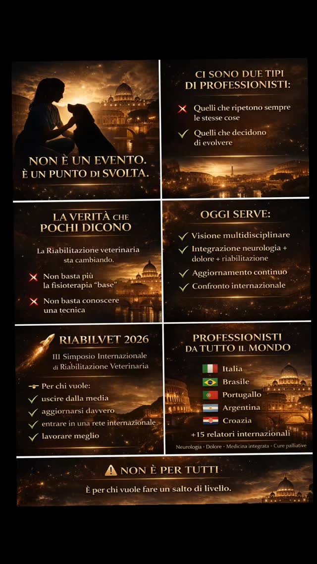 🌍 This is not an event. It’s a turning point.
There are two types of professionals:
Those who keep doing the same things…
And those who choose to evolve.
🧠 The truth few people tell you:
Veterinary rehabilitation is changing.
It’s no longer enough to know one technique.
It’s no longer enough to do “basic” physiotherapy.
Today, you need:
✔ a multidisciplinary vision
✔ integration between neurology, pain, and rehabilitation
✔ continuous education
✔ international exchange
🚀 And that’s where RIABILVET comes in
The III International Symposium on Veterinary Rehabilitation – RIABILVET 2026 was created for those who want to:
👉 go beyond average
👉 truly upgrade their skills
👉 join an international network
👉 achieve better clinical results
🌎 You won’t be alone
In Rome, you’ll meet professionals from:
🇮🇹 Italy
🇧🇷 Brazil
🇵🇹 Portugal
🇦🇷 Argentina
🇭🇷 Croatia
And speakers working daily with:
🧠 neurology
💉 pain management
🌿 integrative medicine
🎗 palliative care
⚠️ But be aware:
This is not for everyone.
It’s for those willing to challenge themselves
and take a real step forward.
🎟️ EARLY BIRD NOW OPEN
Spots are filling fast.
And those who come later… pay more.
👉 Register now
📍 Rome
📅 October 30 – November 2, 2026
💬 One year from now…
will you be in the same place
or one step ahead?
The choice is yours.
#Riabilvet2026
#VeterinaryRehabilitation
#VeterinaryMedicine
#VetLife
#VeterinaryEducation
VetProfessionals
ProfessionalGrowth