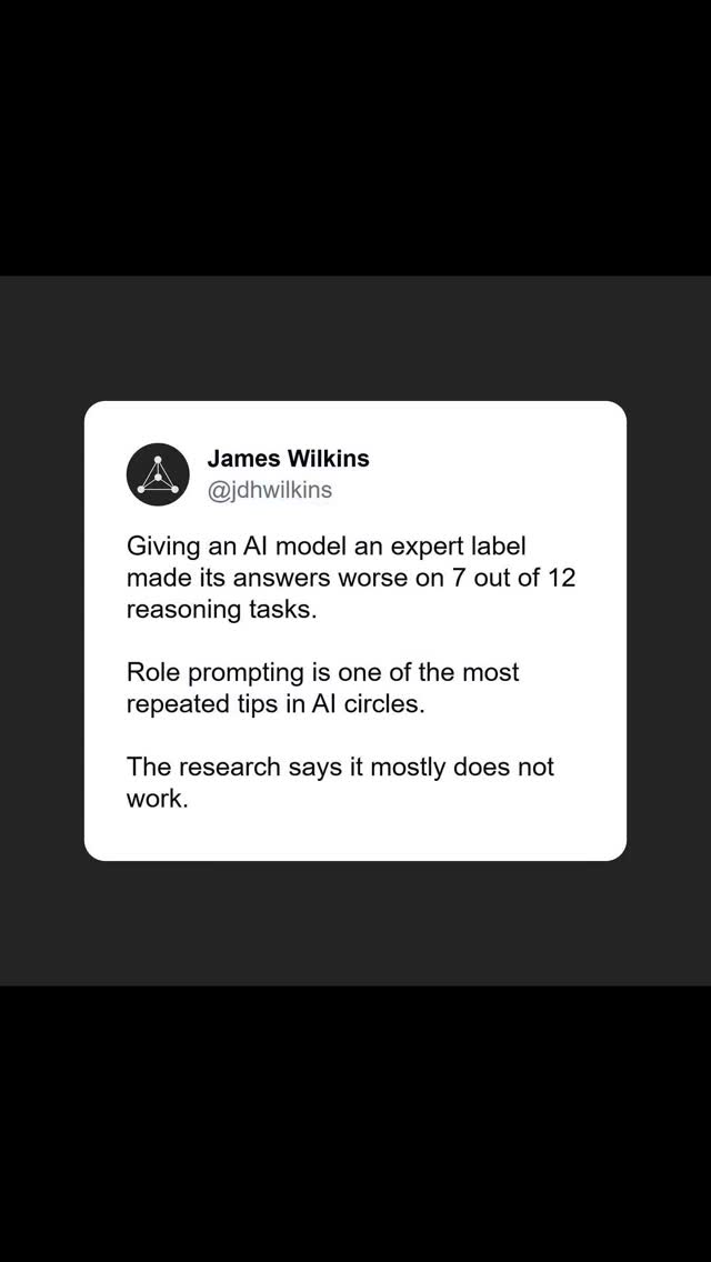Assigning an expert persona makes accuracy worse.
Ready for prompt engineering advice that actually works? Link in my bio
#ai #ailiteracy #promptengineering #claudecode #chatgpt