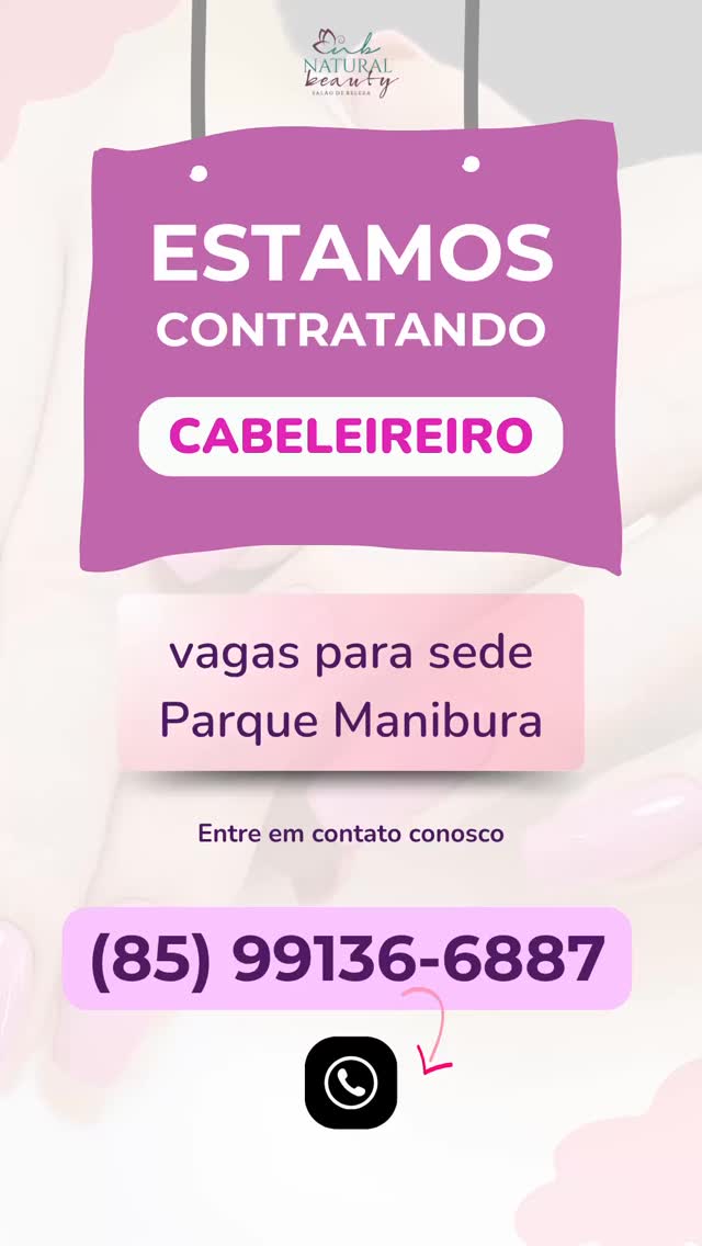 Estamos contratando
CABELEIREIRO (A)
para sede Parque Manibura
Entre em contato conosco:
(85) 99136-6887
#vagadeemprego #cabeleireiro