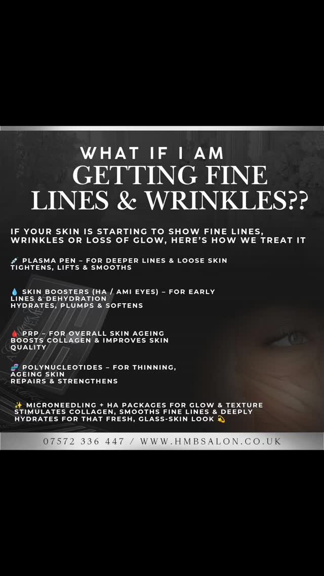 ✨ What can you do to fix lines & wrinkles?
If your skin is starting to show fine lines, wrinkles or loss of glow… here’s how we treat it at HM Beauty & Aesthetics 👇
💉 Plasma Pen – for deeper lines & loose skin
Tightens, lifts & smooths
💧 Skin Boosters (HA / Ami Eyes) for early lines & dehydration
Hydrates, plumps & softens
🩸 PRP – for overall skin ageing
Boosts collagen & improves skin quality
🧬 Polynucleotides – for thinning, ageing skin
Repairs & strengthens
✨ Microneedling + HA Package – for glow & texture
Stimulates collagen, smooths fine lines & deeply hydrates for that fresh, glass-skin look 💫
✨ The glow-up comes from the RIGHT combination for your skin
📍 Book via hmbsalon.co.uk
💌 WhatsApp for more information
You don’t need more makeup… you need better skin 🤍
#MicroneedlingUK #SkinBoosters #GlassSkin #AntiAgeingTreatment #SkinRejuvenation