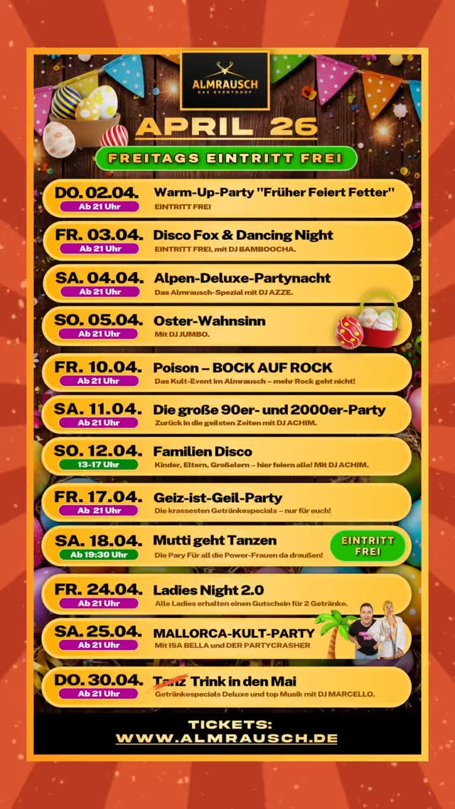 🎉 Das ist unser sagenhafter Timetable für April! 12 einzigartige Events warten auf euch! 🌟🔥
Unser Osterspecial startet direkt mal mit 4 Tagen Party hintereinander! 🐰
Diesen Monat geben wir wieder richtig Gas für euch! 😍🙌🏼
Tickets und Infos unter www.almrausch.de
#almrausch_rt #reutlingen #Events #Party #90er
