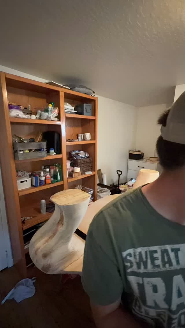 Welcome to my finishing room! 🤣🤣🤣
This took so much longer than I thought but it’s all coming together. For my projects I use Rubio Monocoat. As you can see in the name this is a one coat application. It is a great hard wax oil and with the accelerator mixed in we are able to speed up the curing time to one week. Once that that step is completed then we will flip the table over and do the top.