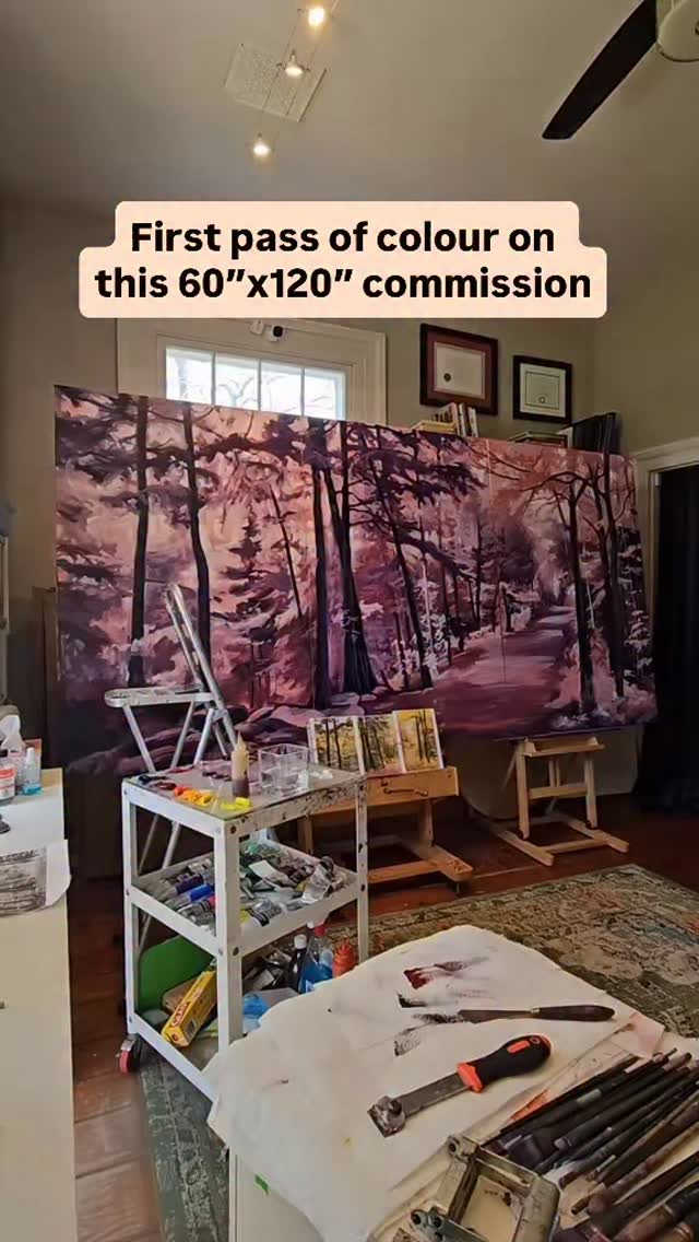 Today I added the first pass of colour on this 60”h x 120” commission. All that work on the underpainting sure paid off when it came to this step I simply cover over large areas (of yellow and green) with relative ease - now to keep it nice and loose as it develops 😊