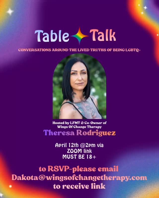 LGBTQ+ Table Talk is this Sunday š
Join us on April 12th at 2:00 PM for our free, virtual LGBTQ+ support group ā a space for connection, conversation, and community.
š 18+ only
š Free to attend
š» Via Zoom
To receive the RSVP link, please email:
š§ Dakota@wingsofchangetherapy.com
Weād love to have you join us. š
#lgbtqplus #lgbtqcommunity #supportgroup #wingsofchange #fyp