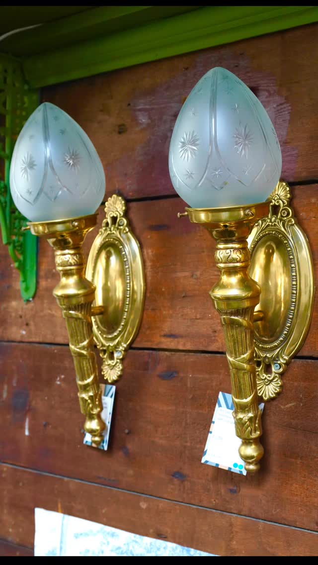 Pair of Stylish Art Deco design torchiere wall light including cut glass satin glass shade.
This lamp design incorporates cross over influences of the Art Nouveau and Art Deco design styles creating a luxurious fitting with real presence.
Substantial all-brass wall fitting in old gold finish with wheel cut etched glass cone shade.
#artdeco #walllight #greatbritishrevivals