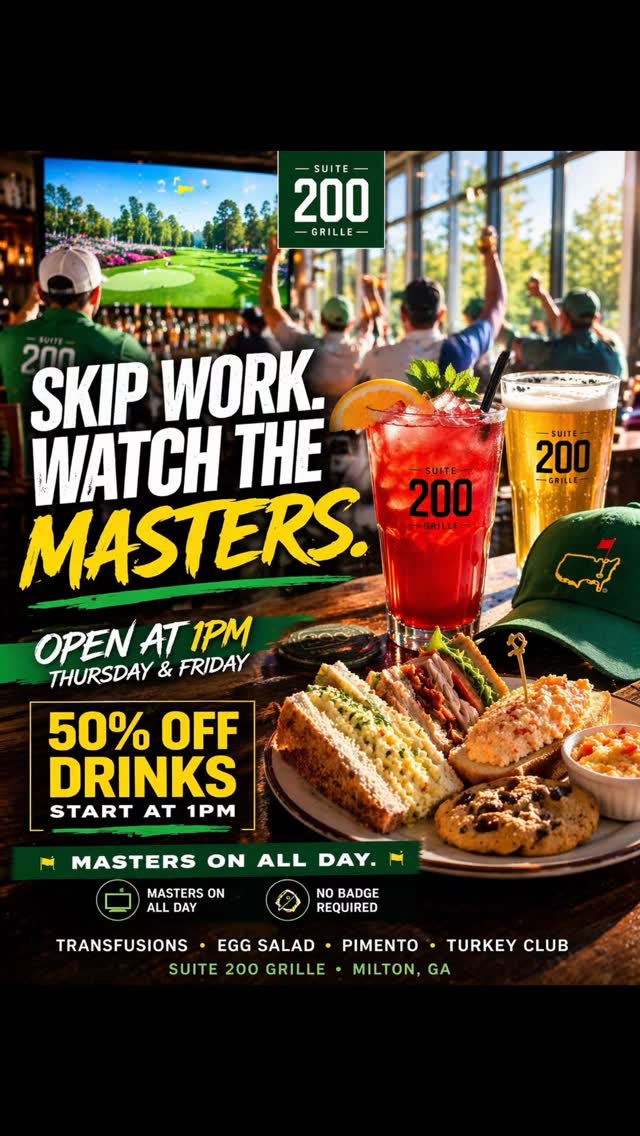 #Repost @suite200grille
SKIP WORK. WATCH THE MASTERS.
We’re opening early Thursday & Friday at 1PM
50% off drinks start the second we unlock the doors
Masters on every screen
Transfusions flowing
Augusta-inspired bites all afternoon
No badge required
Suite 200 Grille • Milton