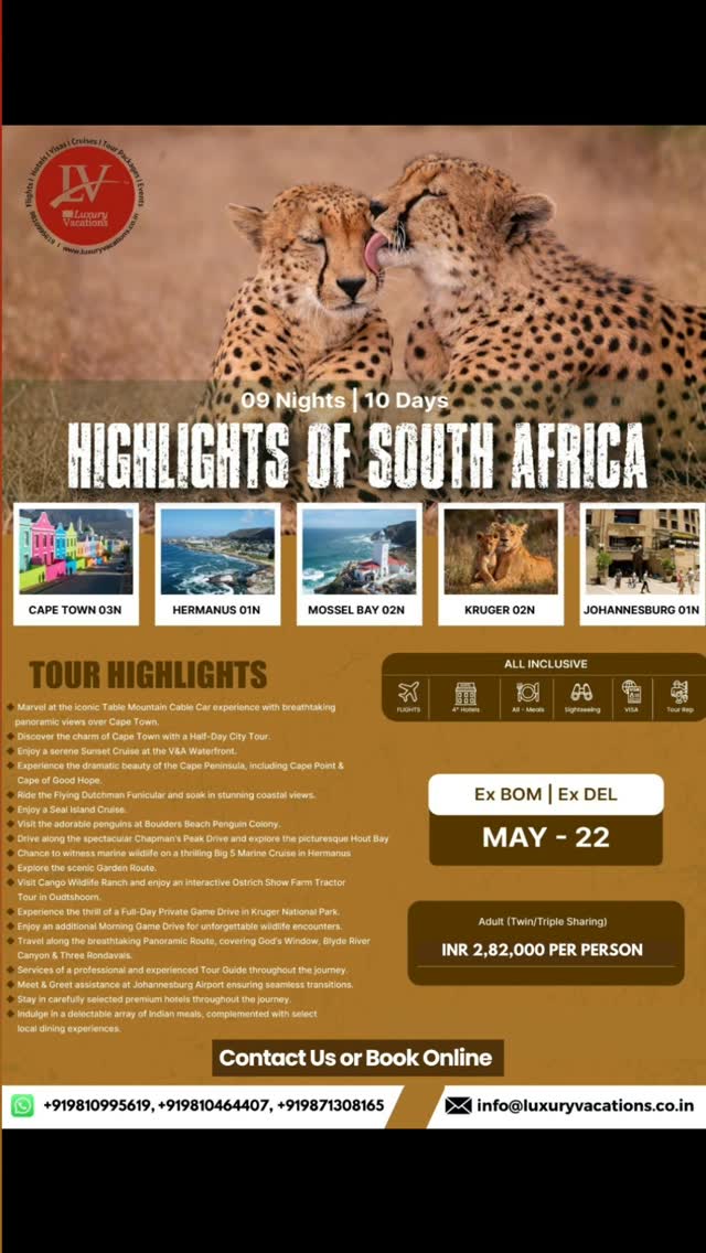 LUXURY VACATIONS brings to you exclusive deals on International and Domestic Hotels and Flights and other Cruise packages and Vacations , with amazing prices and Offers : Find out more on https://www.luxuryvacations.co.in/
#SouthAfrica #VisitSouthAfrica
#SouthAfricaTravel #ExploreSouthAfrica
#southafricatourism