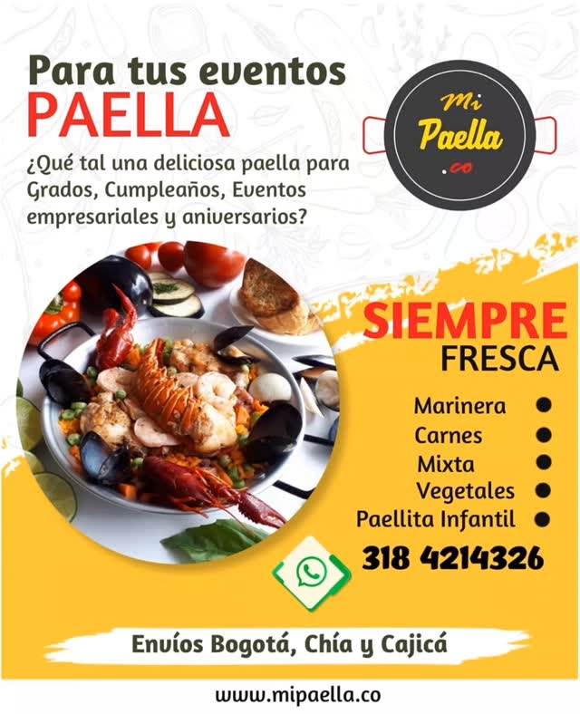 En mipaella, celebramos la oportunidad de compartir alrededor de nuestras deliciosas paellas. Preparaciones únicas, especiales y rendidoras. Lo acompañamos de pan y limón y por su pedido de mínimo 10 platos. Te obsequiamos una deliciosa torta de naranja!
O llámanos para obtener atención personalizada - 3184214326.
#lamejorpaelladebogota #paelladomicilio #grados #especialeventos #eventos paellabogota domicilioeventos fiestaempresarial Paellasgrandes paellamarinera comidademar servicioeventos cateringeventos cateringcomida Paella Paellas paellabogota paellasadomicilio paellamixta paellavalenciana paellainfantil paelladecarnes
