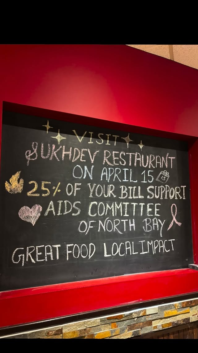 🥘 On Wednesday, April 15 starting at 5 pm come out to Sukhdev Restaurant for the Taste for Life fundraiser!
25% of proceeds will be going to the AIDS Committee of North Bay & Area!
Hope to see you there!