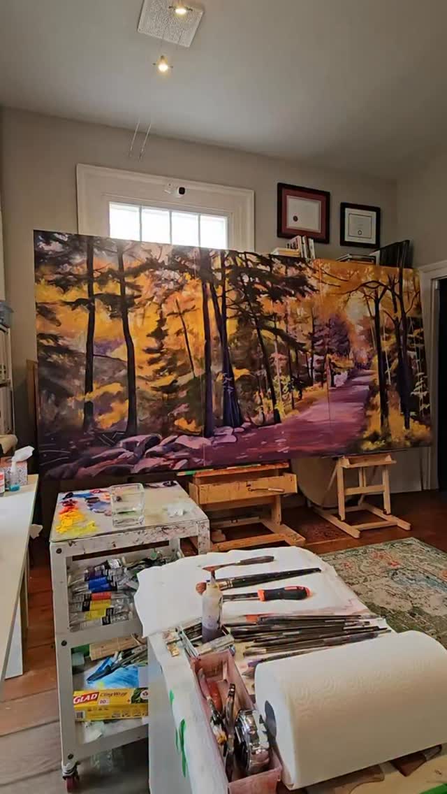 Today was spent refining some trees and the path, as well as adding more colour while always keeping values and saturation levels in mind. I want my clients to feel as if they could walk right into this scene. It needs to be just right before going thicker with final layers. Make it messy before it gets pretty.