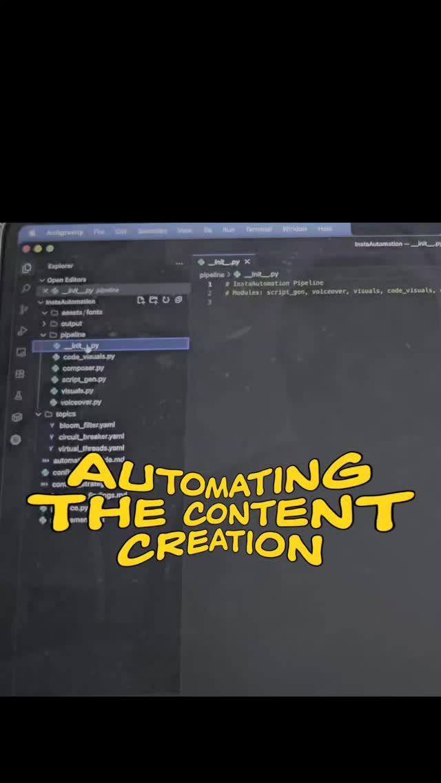 Automating the entire process of content creation
The composer takes the script generator to produce the script based on any topic, then it add code visuals using screenshot of the code using ray.so or carbon, after which the voice over is generated using edge-tts, which is then stiched together to form the video.
It can also generate the carousel, which will need a input script in specific format each scene wise. That is also auto generated.
Working on adding graphics to make it more interesting.
Comment for the repo link.
#automation #content #creation