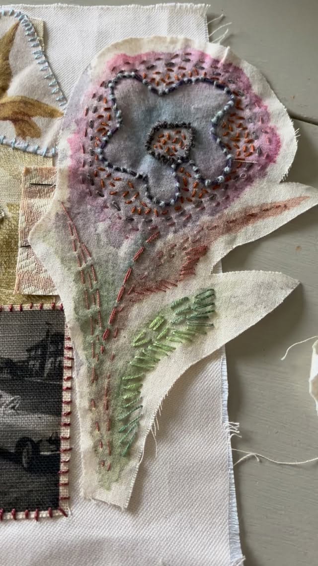I am pondering on adding the flower patch that was created with water soluble oil pastel and hand embroidery.
The patches make useful additions to projects, and if you would like to know more, I will be teaching a workshop on Saturday @thefoxstudios in Warrington.
#oilpastel #mixedmediaworkshop #warrington