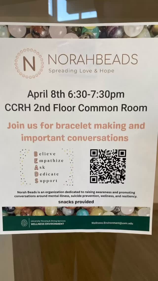 Last night I got to hang out with some wonderful student residents of CCRH at UVM. They took a break from their evening studies to join me in conversations about mental health, suicide prevention, safety plans and the 988 crisis line. I shared Norah’s story and we all made two bracelets, one to wear and one to share. Thank you to my dear @abby_bathalon for the connection and all the support and thank you @wellnessenvironmentuvm for inviting me and hosting these important conversations.