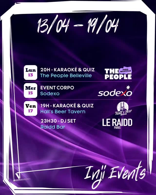 Au programme de la semaine :
Lundi : 🎤 Karaoké, Quiz & Battle 🖲️ à The People Belleville
Mercredi : 🎤Event corpo🥂 pour Sodexo
Vendredi :
- 🖲️Apéro Blind-Test🎁 au Hall's Beer Tavern
- 🎧DJ Set📀 au Raidd Bar
#dj #eventplanner #karaoke #animation #event