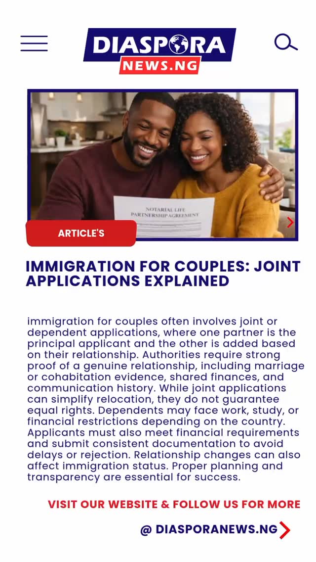 DiasporaNews.ng
Immigrating as a couple can be a strategic and emotionally reassuring pathway, but it is often misunderstood. Many countries offer joint or linked application routes that allow spouses or partners to move, work, or settle together.
Read full story
https://www.diasporanews.ng/post/immigration-for-couples-joint-applications-explained