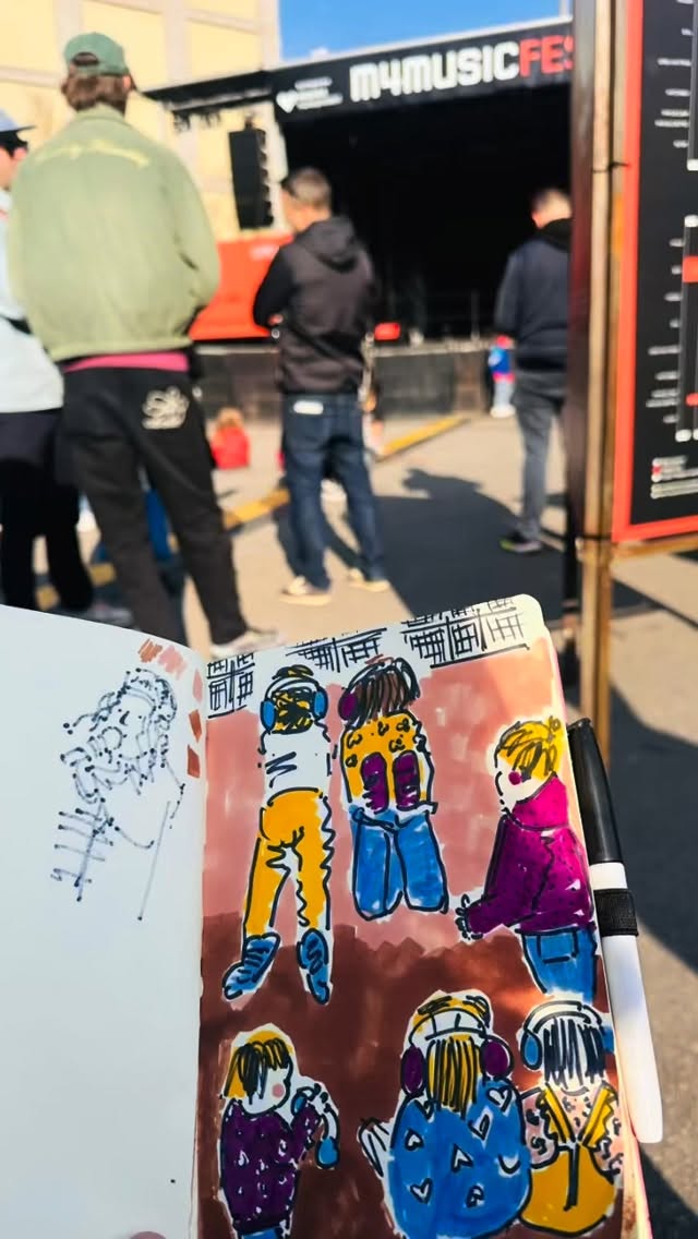 A few sketches from @m4musicfestival festival a few weeks ago in Zürich.
As usual I was whiling away the time around Hardbrücke while my daughter was in theatre class, and accidentally stumbled across the free outdoor stage. Ended up staying much longer than planned.
Ate an excellent tofu green curry from a pop-up, then watched the soundcheck for @dibby.officiel which I really enjoyed. What I found interesting was the crowd, alongside all the students and young people, there were loads of families too. Kids in big ear protectors, completely absorbed and transfixed. Slightly incongruous with the music, but kind of brilliant at the same time and super fun to draw. I also loved the chance to sit and draw so many people all together in all their colourful patterns.
#zürich #m4music #sketchbook #urbansketching #goodshipillo