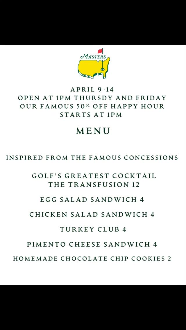 #Repost @suite200grille
Skip work. Watch the Masters.
We’re opening early Thursday & Friday at 1PM
50% off drinks start the second we unlock the doors
Augusta-inspired classics all afternoon:
Transfusion • 12
Egg salad • 4
Chicken salad • 4
Pimento cheese • 4
Turkey club • 4
No badge required
Suite 200 Grille • Milton