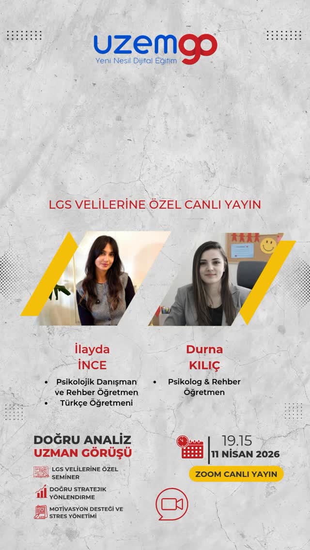 📢 UzemGO’dan Canlı Yayın Semineri
🔥 LGS SÜRECİNDE VELİNİN ROLÜ VE STRATEJİK YAKLAŞIM”
5-6-7 ve 8. sınıf velilerine özel canlı seminer 💥
Veliler için LGS’ye son 2 ay kala doğru rehberlik, sürdürülebilir motivasyon ve etkili çalışma sistemleri 💪
🎤 Konuşmacılar:
* İlayda İnce – Psikolojik Danışman & Rehber Öğretmen
* Durna Kılıç – Psikolog & Rehber Öğretmen
🎯 5-6-7 ve 8.sınıf velilerine özel rehberlik yayını!
🗓 11 Nisan 2026
⏰ 19.15
📍 Zoom Canlı Yayın
🆔 Toplantı Kimliği: 854 0258 2343
🔐 Parola: ba325d33b1
✨ *Katılım ücretsizdir*
Başarıya bir adım daha yaklaşmak için orada ol!
#seminer #LGS2026 #ebeveyndesteği #sınavkaygısı
#motivasyon