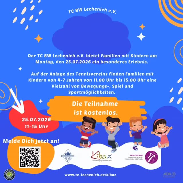 KIBAZ 2026 – Bewegung, Spaß & strahlende Kinderaugen!
Sucht ihr ein tolles Event in den Sommerferien für eure Kids? ☀️ Dann haben wir genau das Richtige für euch!
Am Samstag, 25.07.2026 (11–15 Uhr) lädt der TC BW Lechenich e.V. Familien mit Kindern von 4–7 Jahren zu einem unvergesslichen Tag voller Bewegung und Spiel ein. 💙
✨ Das erwartet euch:
• Spannender Bewegungsparcours mit mindestens 10 Stationen
• Spielerische Förderung von Motorik & Persönlichkeit
• Kein Leistungsdruck – Spaß steht im Mittelpunkt!
• Urkunde & kleine Überraschung für jedes Kind 🎁
• Gemütliche Clubterrasse für Eltern ☕
Und das Beste: Die Teilnahme ist komplett kostenlos! 🙌
Das Kinderbewegungsabzeichen NRW (KIBAZ) begeistert Kinder seit Jahren für Bewegung – und eure Kids können Teil davon sein!
👉 Jetzt kostenlos anmelden und einen aktiven, fröhlichen Familientag erleben!
👉 www.tc-lechenich.de/kibaz
Wir freuen uns auf euch! 💛
#bewegung #kibaz #erftstadt #ferien #familie