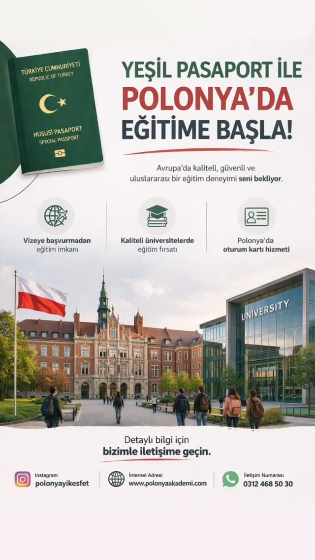 🇵🇱 Yeşil pasaport sahibiysen, Polonya’da eğitim senin için çok daha avantajlı!
Çoğu kişinin en çok zorlandığı süreç 👉 vize
Ama sen bu süreci tamamen ortadan kaldırabiliyorsun.
Yeşil pasaport ile:
✈️ Schengen vizesine başvurmadan Polonya’ya giriş yapabilirsin
⏳ Randevu, ret riski ve uzun bekleme süreleriyle uğraşmazsın
📄 Süreci çok daha hızlı ve kolay şekilde başlatırsın
Yani birçok kişinin aylarca uğraştığı süreci, sen çok daha kısa sürede tamamlayabilirsin.
Ama burada kritik nokta şu 👇
Bu avantajı doğru kullanmak.
🎯 Doğru üniversite seçimi
🎯 Doğru bölüm planlaması
🎯 Oturum kartı sürecinin doğru yönetilmesi
Biz bu noktada devreye giriyoruz.
📌 Tüm süreci baştan sona senin adına planlıyoruz
📌 Hatalı başvuru riskini ortadan kaldırıyoruz
📌 Polonya’da eğitim + oturum sürecini birlikte yönetiyoruz
📅 Ekim dönemi için hala şansın var ama geç kalma!
📲 Yeşil pasaport avantajını en doğru şekilde kullanmak için bizimle iletişime geç.
🌐 www.polonyaakademi.com
📩 DM’den yaz, sana özel süreci birlikte planlayalım.
#yesilpasaport #polonyadaegitim #polonya #yurtdisiegitim #polonyavize