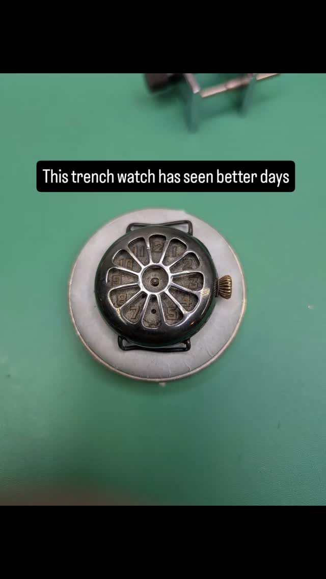A trench watch came in for an overhaul that has certainly seen better days. With a bit of time and elbow grease the movement cleaned up quite well. The dial unfortunately is pretty distressed from living without a crystal for who knows how long. Thankfully I was able to find and fit a set of period correct hands for it that I tried to color matched the lume as well as a new old stock crystal. A fun and satisfying project, cool to see a rough watch come back to life!
#watchmaker #watchmaking #watchrepair #trenchwatch #restoration