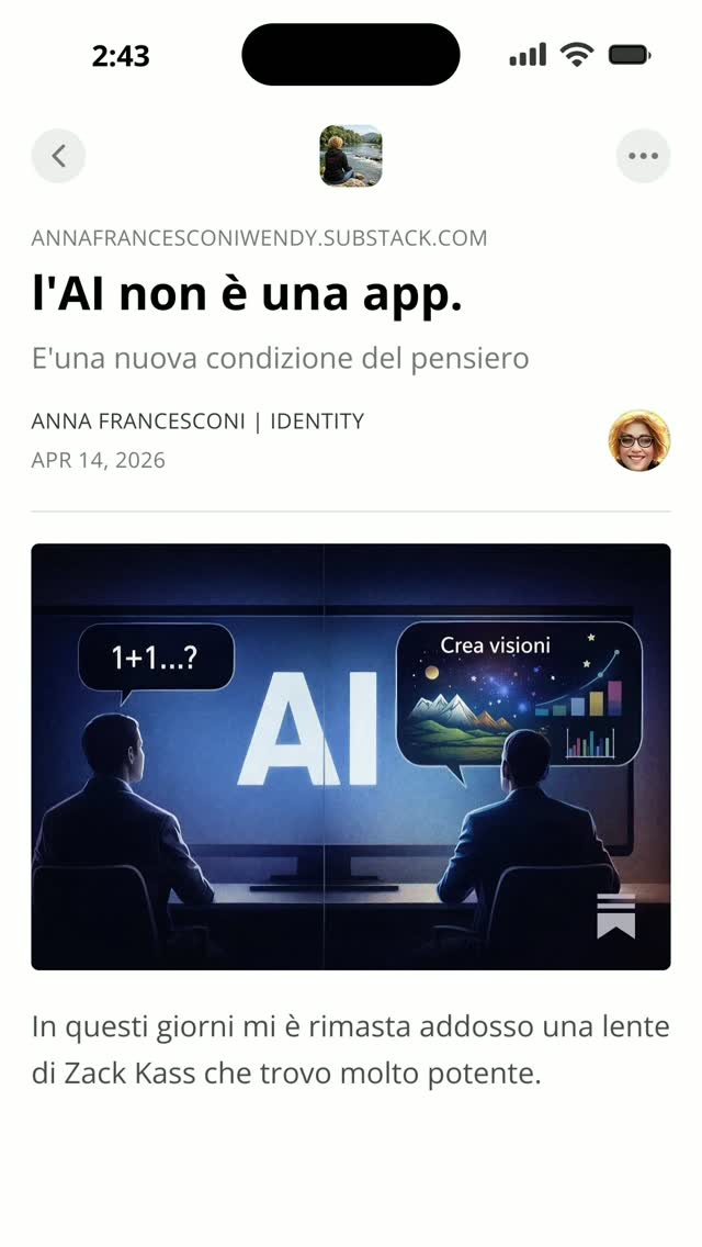 In questi giorni mi sono rimaste addosso le parole di Zack Kass. Un grande ponte per la mia visione.
Approfondisco il tema sul mio Substack
LINK IN BIO
#AI #IdentityFirst™ #leadershipotenziata