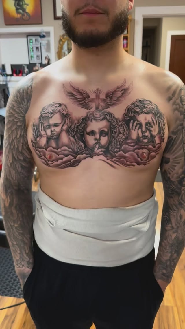 2nd session on this chest piece. One more to goโ stay tuned ๐. #btkink #genevany #billythekidmeyers #awardwinning #inkmaster