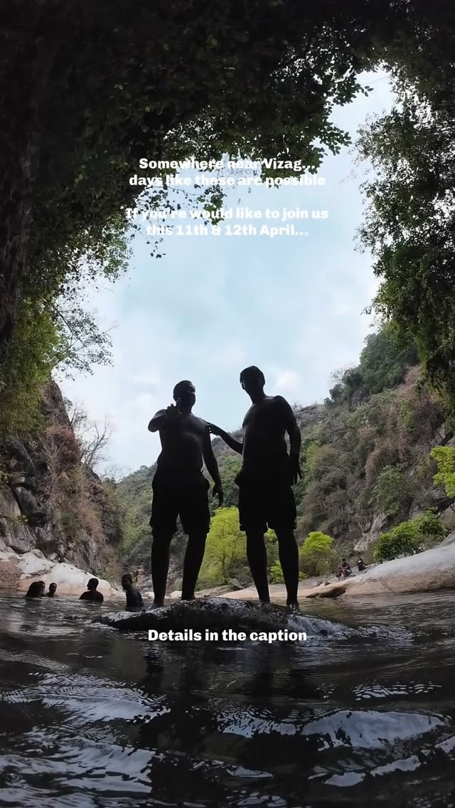 Gostani Caving + Riverside Camping – Flow
Day 1
• Start from Vizag (6:30 AM, Maddilapalem) → drive into Anantagiri Hills
• Explore Gostani river caves (12 PM – 5 PM)
• Travel to riverside campsite (~1 hr)
• Settle in, relax
• Optional campfire, dinner & overnight stay
Day 2
• River time / optional sunrise hike
• Breakfast + village exploration
• Lunch → start return by ~3 PM
• Reach Vizag by ~7:30 PM
Flow may switch based on weather, but experiences remains
A mix of adventure, nature & slow living.