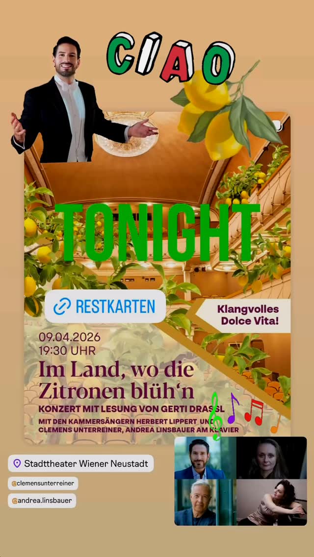 🎶 HEUTE reisen wir von Wiener Neustadt musikalisch und literarisch nach ITALIEN 🇮🇹 🎹 📖 😎 UND es gibt nur noch ein paar RESTKARTEN für urlaubswillige Kurzentschlossene 🎶😎 https://www.stadttheater-wn.at/de/programm/lippert-unterreiner-drassl-linsbauer/46612 @Clemens Unterreiner @stadttheaterwienerneustadt #ClemensUnterreiner #stadttheaterwienerneustadt #italy #concert #travel 📸©️CU | Theater Wiener Neustadt