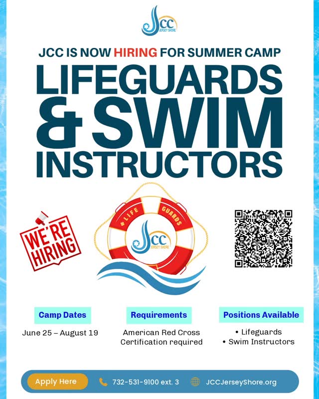 STOP SCROLLING 🚨
If you can swim… you can get paid this summer 💰
We’re hiring Lifeguards & Swim Instructors at the JCC Jersey Shore 🏖️
✔️ Great summer job
✔️ Fun environment
✔️ Work by the pool all day
📅 June 25 – August 19
📍 Apply now
Scan the QR or hit JCCJerseyShore.org
Tag a friend who needs a summer job 👇
