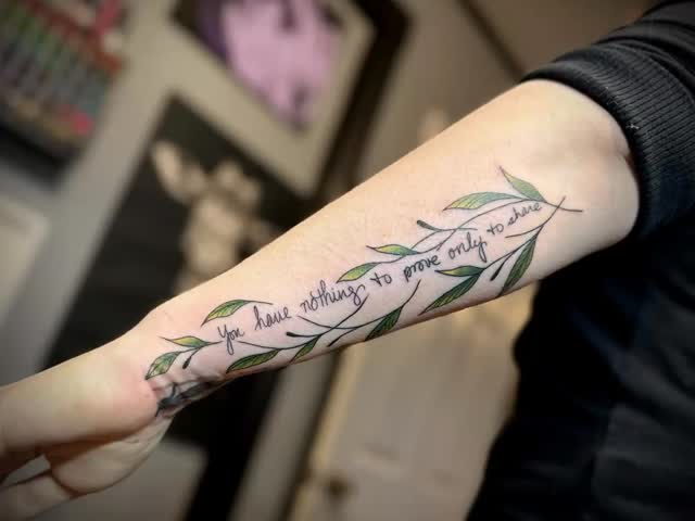Handwriting decorated with freehand vines by @kayy.tattoos for @ms.zea_marie ❤️🩹🍃
.
Book via link in bio
.
.
.
.
.
.
.
.
.
#ellsworthmaine #tattooshop #tattoosofinstagram #tattoooftheday #tattooideas