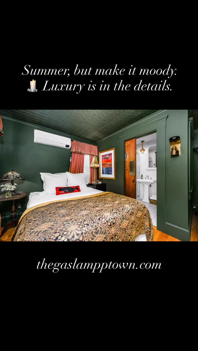 Trading the bright summer sun for rich emerald hues and golden hour glows. ✨
There’s something about a boutique stay that just feels… right. From the ornate pressed-tin ceilings to the marble-clad rain shower, every corner of this suite was designed for the traveler who appreciates the finer details.
Pro tip: Grab a glass from the curated in-room bar and cozy up by the fireplace after a day on the coast. This is how summer is meant to be spent. 🥂🌿Provincetown: Always in Season
#TheGaslampPTown #ProvincetownLuxury #ModernVictorian #BoutiqueStay