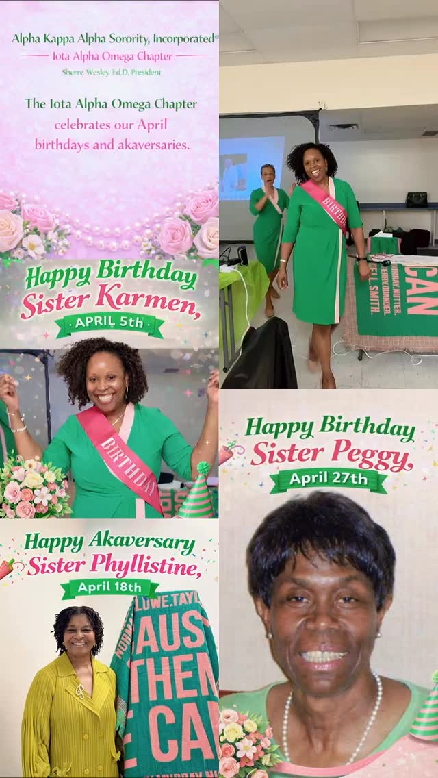 The Iota Alpha Omega chapter would like to wish a Happy Birthday and Happy Anniversary to our members celebrating in the month of April. 💕💚 🌸
#alphakappaalphasororityincorporated
#iotaalphaomega
#happybirthday
#happyakaversary